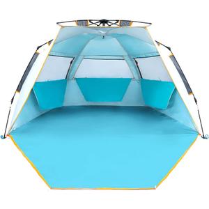 WolfWise 3-4 Person Easy Up Beach Tent UPF 50+ Portable Instant Sun Shelter Canopy Umbrella with Extended Zippered Porch, Blue