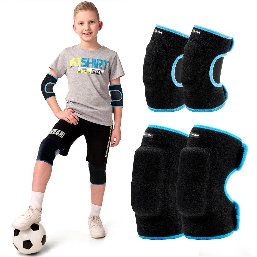 YEEKORO Knee Pads Elbow Pads Set for Kids, Youth Adjustable Knee Elbow Pads Protective Sets with Thickened SBR Pads for Riding Rollerblading Skating Skateboarding Snowboarding VolleyballBlue