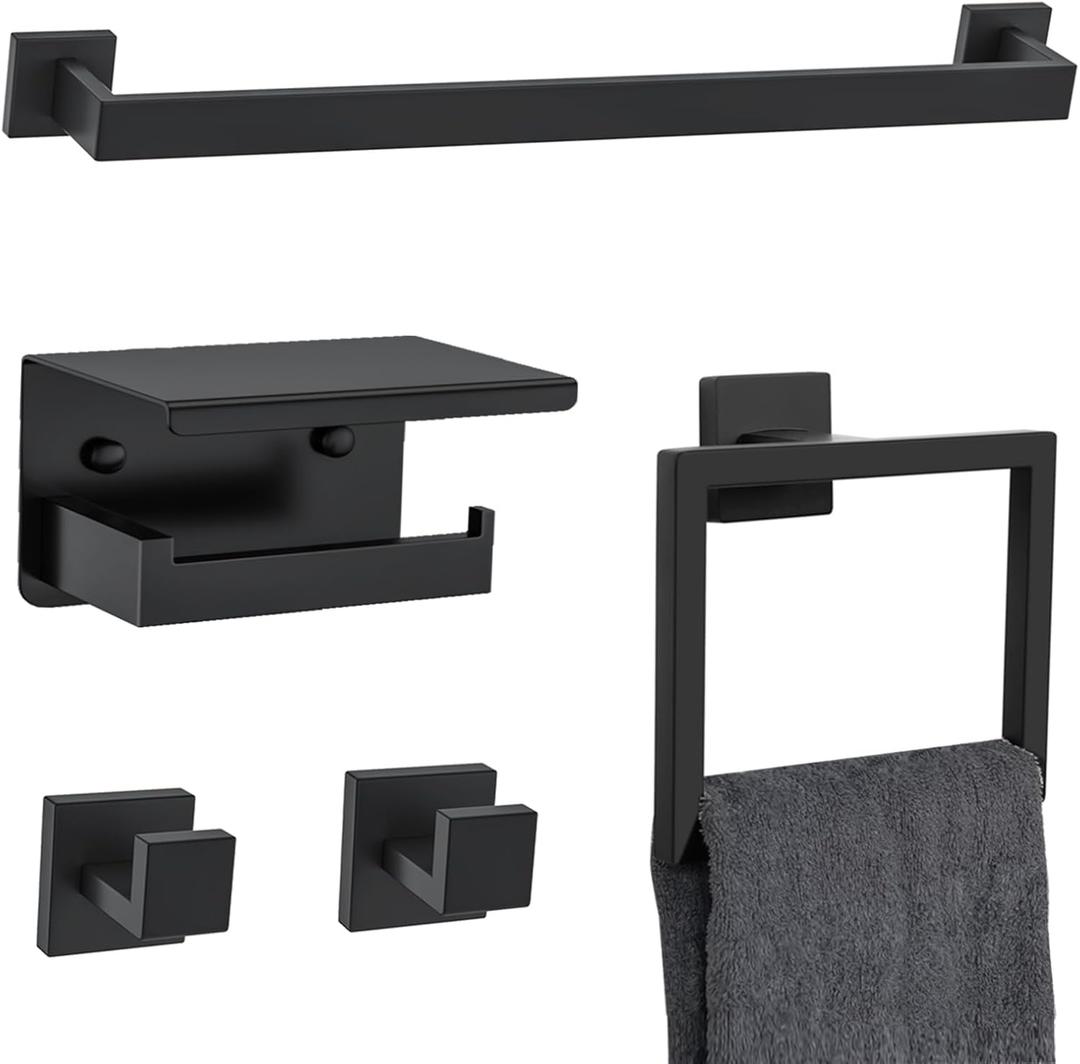 5 Pieces Black Towel Bar Set Bathroom Hardware Accessories Set Upgraded Toilet Paper Holder with Shelf Towel Holder Set for Bathroom Stainless Steel Wall Mounted