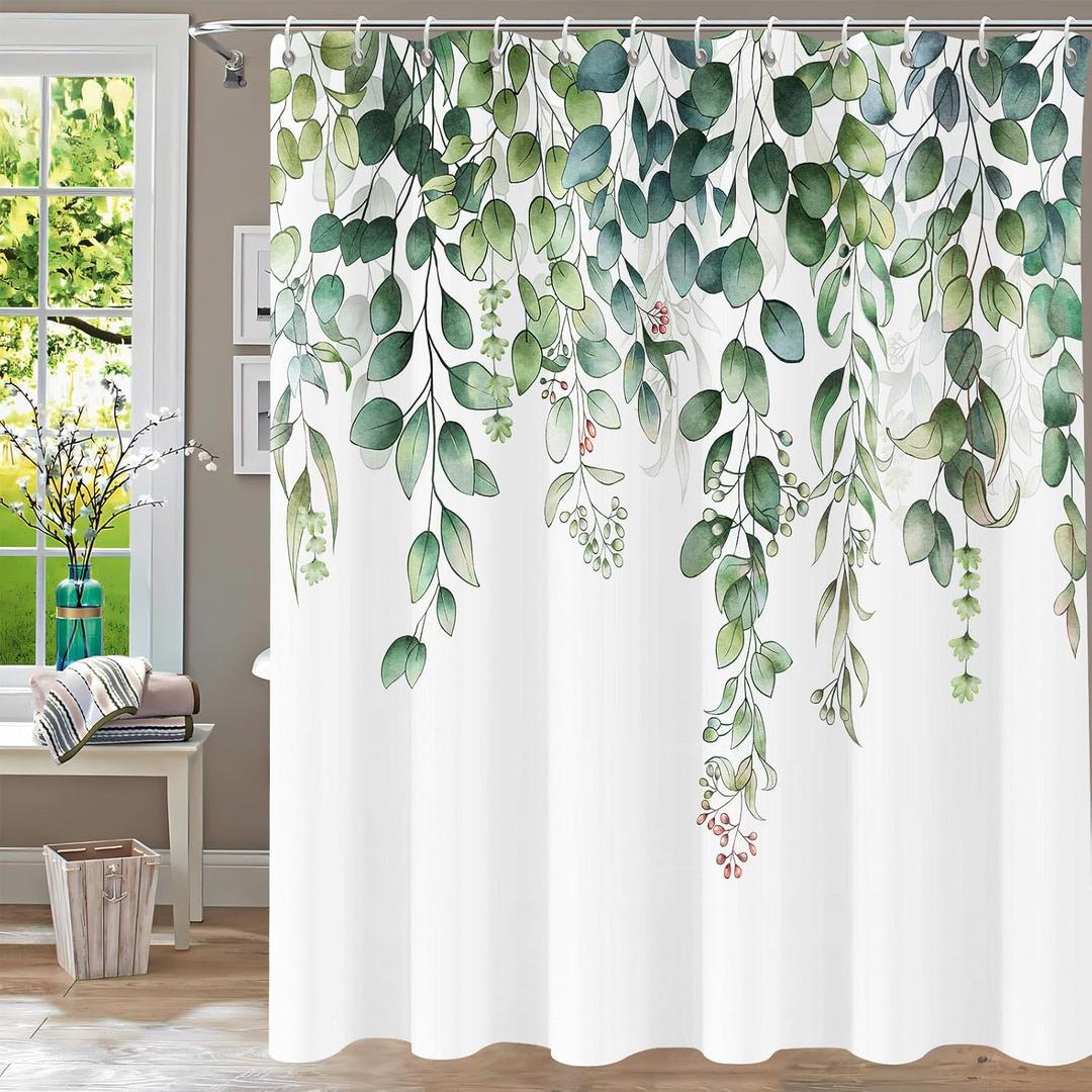 Shower Curtain Green Shower Curtains for Bathroom Watercolor Green Leaf Shower Curtains Plants Waterproof Eucalyptus Shower Curtain Fabric Cloth Bathroom Curtains 72x72 inch with Hooks