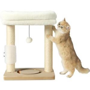 Small Cat Tree Tower Scratching Post with Perch Bed for Indoor Cats and Kittens,Track Ball Hanging Ball Toy Self-Massage Brush Beige