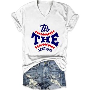 Baseball Shirt Women Tis The Season Baseball Mom Shirts Game Day Letter Print V Neck Tee Tops (White, S)