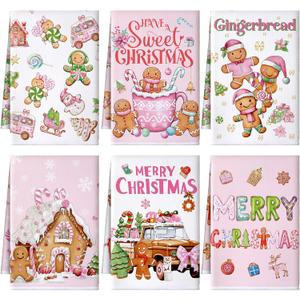 Preboun 6 Pcs Merry Christmas Kitchen Towels Gingerbread Decorative Hand Towels Sweet Cute Pink Dish Cloth Farmhouse Xmas Tea Cloth Kitchen Accessories Bathroom Decor (Fresh Color)