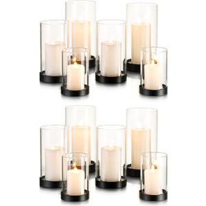Hewory Hurricane Candle Holder for Pillar Candles: Black Votive Candle Holders Set of 12, Glass Hurricane with Metal Candle Plate, Pillar Candle Holder for Table Centerpiece Wedding Holiday Home Decor