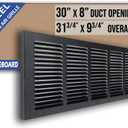 Fits 30x8 Duct Opening | Steel Baseboard Return Air Grille by Handua | Vent Cover Grill | 7/8" Margin Turnback [Depth] to Fit Baseboard | Black | Outer Dimensions: 31.75"W X 9.75 "H
