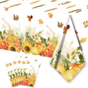 PARSUP 6PCS Thanksgiving Disposable Tablecloth Party Supplies, 108  54 inch, Autumn Theme Pumpkin Maple Leaves Tablecloth Plastic Waterproof Tablecover Decorations