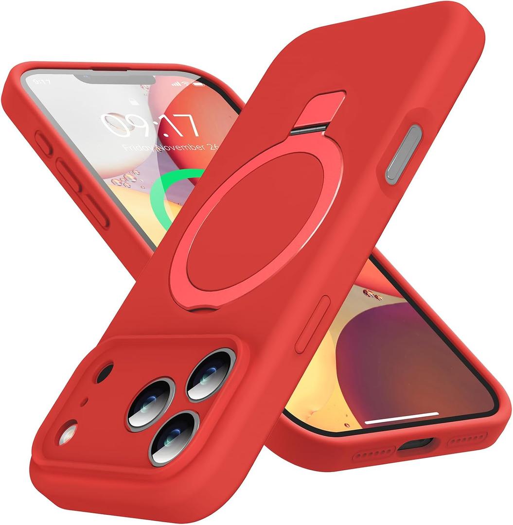 Designed for iPhone 17 Pro Max Case with Magnetic Invisible Stand, [Compatible with Mag-Safe][Full Camera Protection] Liquid Silicone Shockproof Case with Anti-Scratch Microfiber Lining, Red