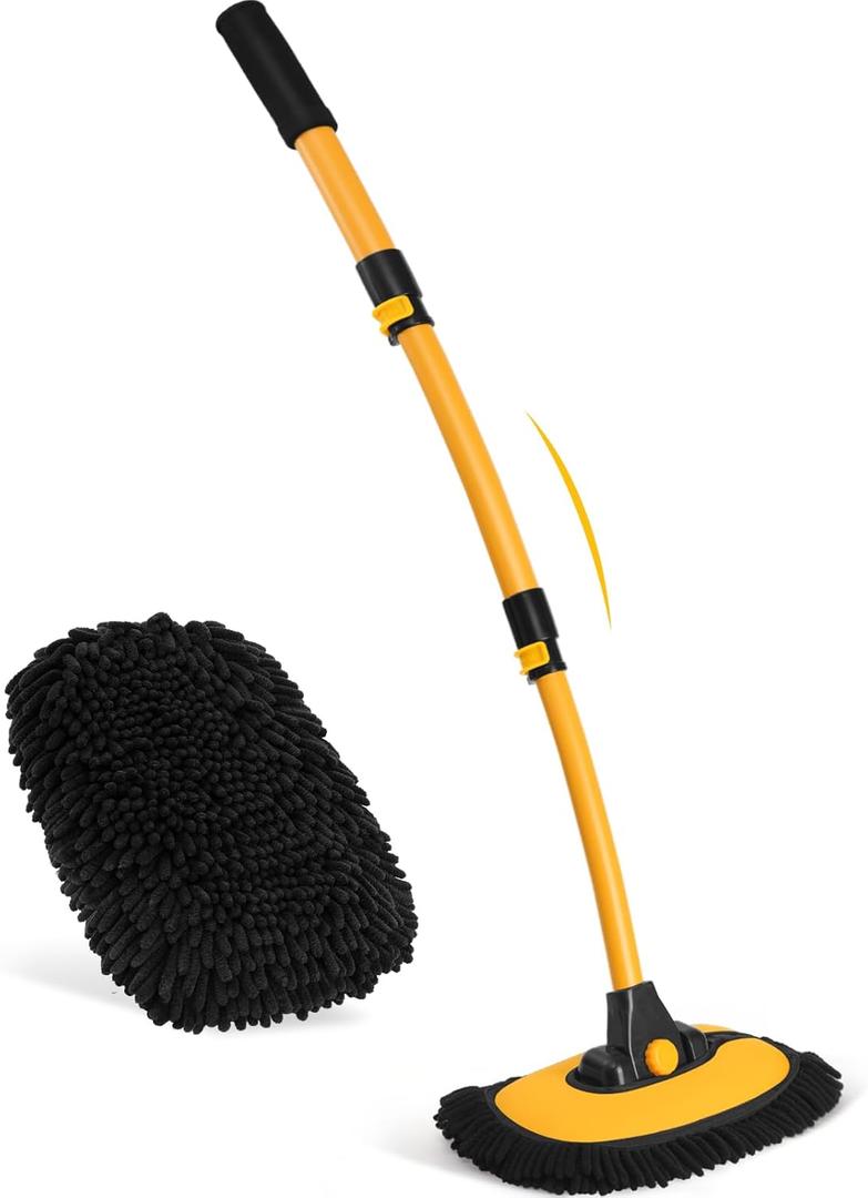 Ordenado 15Curved Car Wash Brush with Long Handle, 43" Car Cleaning Brush with Extension Pole, Microfiber RV Wash Mop Scratch-Free, Exterior Washer Mop for Washing Roof Truck Camper SUV Caravan Boat (Black and Yellow)