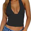Matunana Womens Halter Tops Going Out Tank Summer Sexy V Neck Crop Top Y2K Sleeveless Tube Shirts Fashion Trendy 2025, Black, L