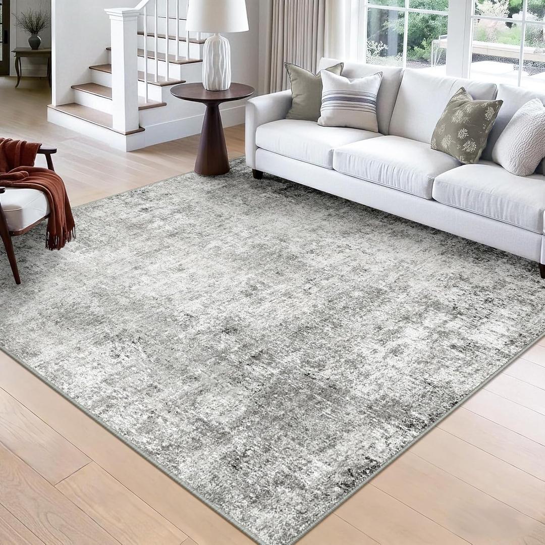 RELEANY Washable Area Rugs Square 8ft Non-Slip Modern Abstract Soft for Living Room Entryway Bedroom Nursery, Print Pattern, Gray White Grey