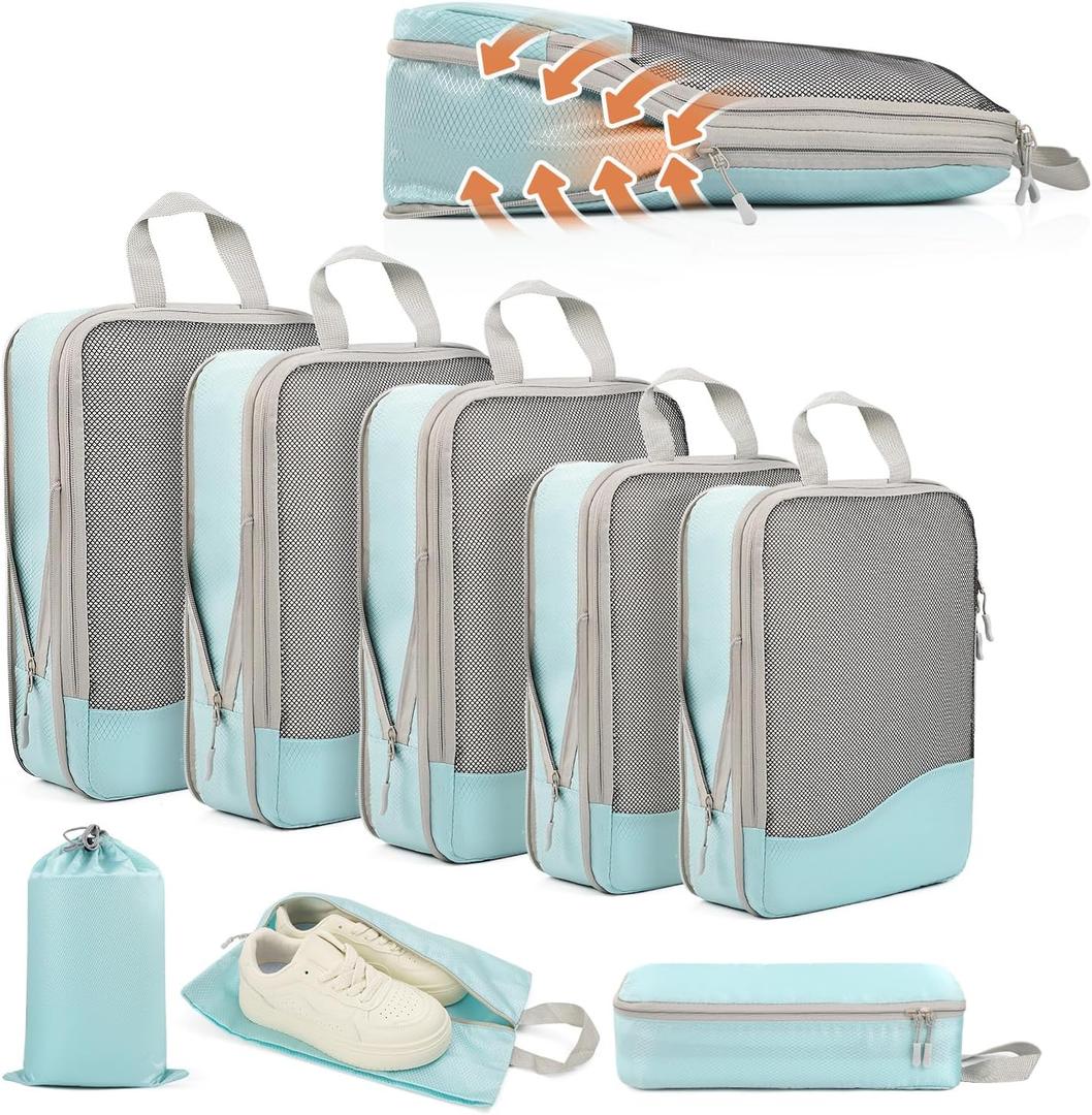Compression Packing Cubes 8 Set, Dual Zipper Compression Packing Cubes for Travel, See-Through Mesh Packing Bags for Suitcases, packing cubes with shoe bag