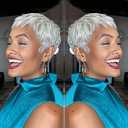 Grey Pixie Cut Hair Wig with Bangs for Daily Wear Gray Short Human Hair Pixie Cut Glueless Layered Wig Wavy Grey Wigs for Party Cosplay Daily Use Glueless Full Machine Made Wigs
