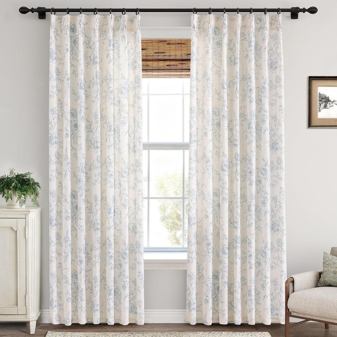 Pinch Pleat Blue Floral Curtains 84 inch Long Memory Trained Linen Curtain Light Filtering Living Room Farmhouse Blue and Cream Flower Pattern Printed Pleated Drapes with Hooks 2 Panels 40W x 84"L