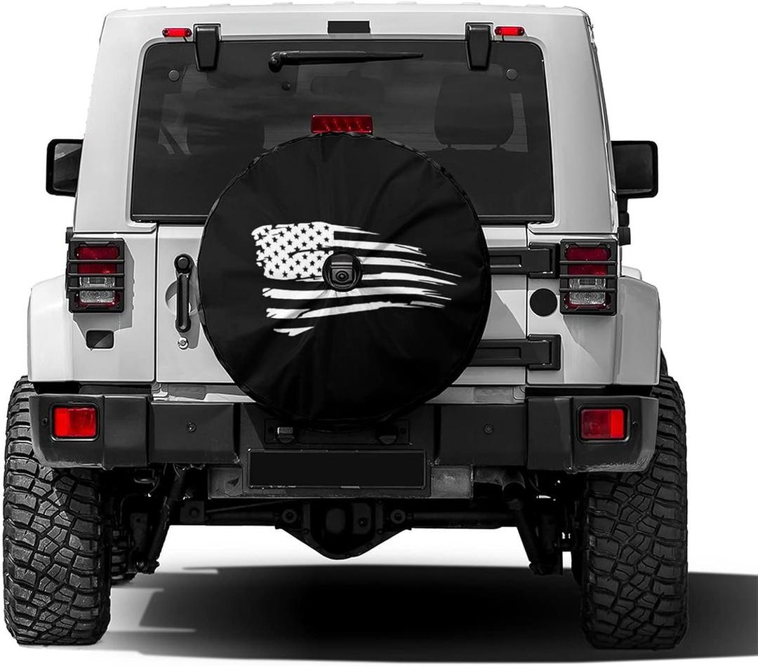 Waving American Flag Military Spare Tire Cover with Backup Camera Hole Wheel Tire Cover Fit Trailer, RV, SUV and Many Vehicle 17inch