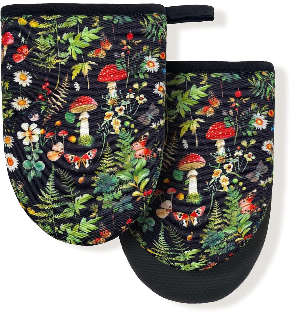 Goth Mushroom Farmhouse Vintage Gothic Mini Silicone Oven Mitts, Heat Slip Resistant Kitchen Gloves 2-Pack Set, Soft Short Small Oven Mittens Pot Holders for Baking Grilling Barbecue Microwave Gift