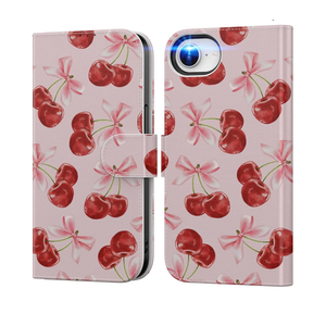 DEENAKIN for iPhone 16e Wallet Case with Card Holder + Cash Clip, RFID-Blocking, Military-Grade Drop Protection & UV-Printed Artwork, Magnetic Closure with Leather Kickstand - Sweet Cherry