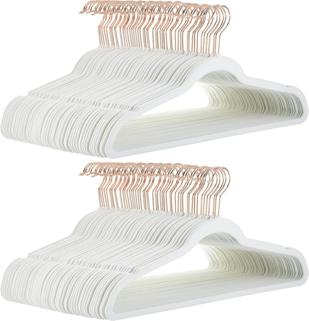 Amazon Basics Slim Velvet Non-Slip Space Saving Suit Clothes Hangers for Closet Organization, Ivory/Rose Gold, 100-Pack, Pack of 100