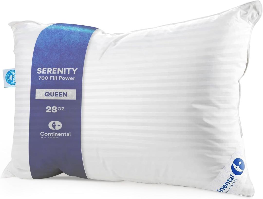 Continental Bedding Serenity Collection 700 Fill Power Hungarian Down Pillow in Low, Medium, Extra Loft - RDS Certified Down - Oeko-TEX 400TC Cotton - Standard, Queen, King (Queen (Pack of 1))