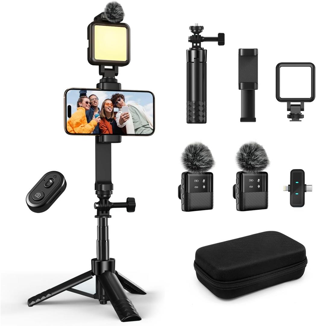 yAyusi Vlogging Kit for iPhone/Android31" Selfie Stick Tripod with Light, Microphone, Remote Control Storage Boxes, YouTube Starter Kit for Interviews, Vlogs, TikTok, YouTube Video Recording