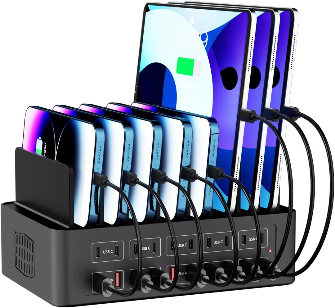 150W/35A Charging Station for Multiple Devices, 20 Port USB C Fast Charging Station with Adjustable Dividers - Organizer Charging Dock for Smartphone, iPad, Kindle, Tablet & More