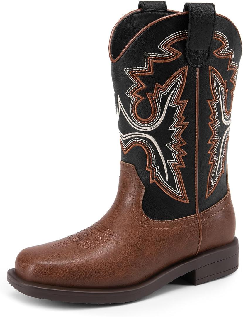 DREAM PAIRS Boys Girls Cowboy Boots Toddler Mid Calf Western Boots Square Toe Riding Boots for Kids (3 Little Kid, Black/Brown)