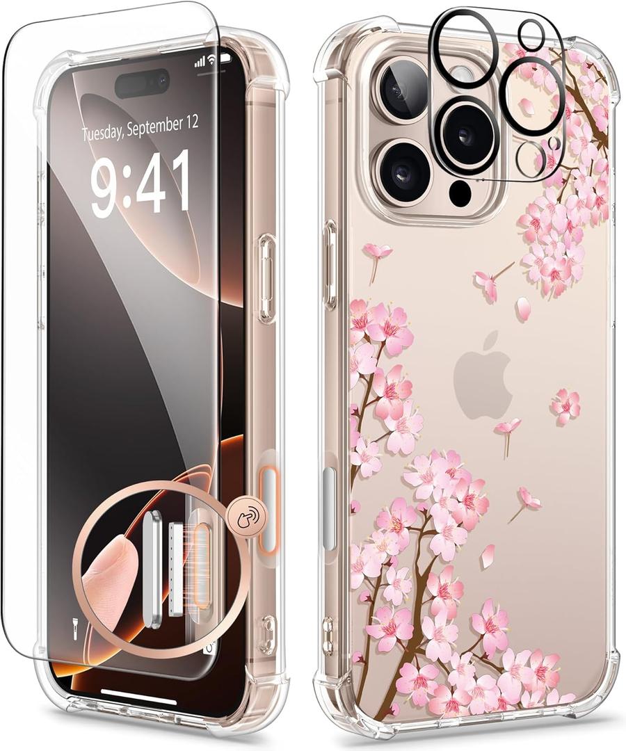 GVIEWIN for iPhone 16 Pro Max Case, with Screen Protector & Camera Lens Protector, Floral Shockproof Protective Bumper Slim Clear Phone Cover for Women 2024 6.9", Sakura/Pink