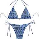 Women's High Waisted Bathing Suit Allover Floral Print Triangle Halter Swimsuit Bikini Set 2 Piece (Medium, Blue Boho)