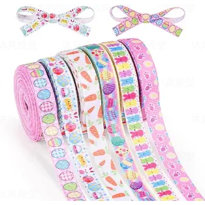Happy Easter Ribbon 6 Rolls Easter Ribbons 3/8 Inch 30 Yards Easter Eggs Bunny Carrot Flower Polka Dots Colorful Ribbons Spring Satin Ribbons for Gift Wrapping DIY Crafts Hair Bows Party Decor