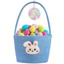 Yeeeasy Easter Basket for Kids, Adorable Plush Bunny Face Woven Egg Hunt Bucket with Handle, Soft First Easter Gift Tote Bag, Nursery Toy Storage Bin with Tag, Blue