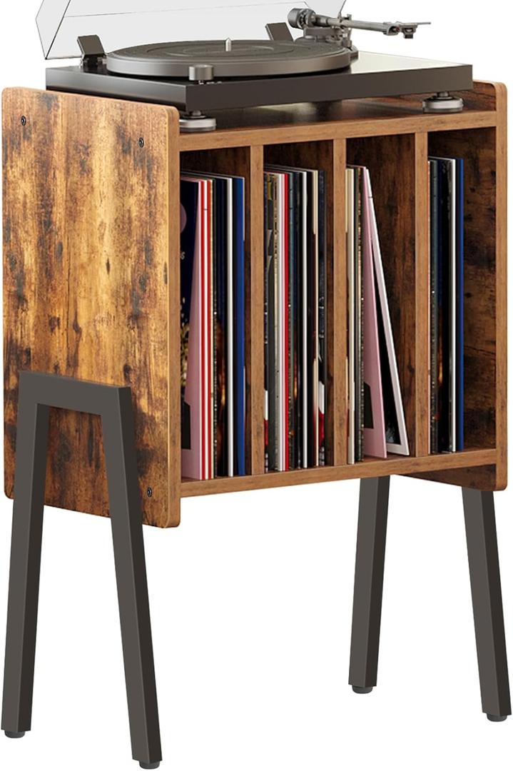 TUTOTAK Record Player Stand, Record Storage Table, End Table with Vinyl Holder Display Shelf, Side Table, Turntable Stand, Nightstand V1TB01BB045 (Rustic Brown)