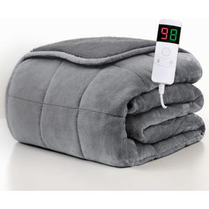 Homemate Heated Weighted Blanket for Adults - 50"x60" 12lbs Electric Throw Fast Heating Heavy Blanket 1/2/4/6/8 Hour Auto Off 10 Heat Levels Over-Heat Protection Comfortable Flannel Sherpa, Gray 