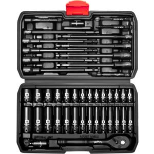 1/4 inch Drive Socket Set & Nut Driver Set 44PCS, Metric Sockets Deep&Shallow (4-15mm) with Ratchet, 6" Magnetic Nut Drivers with 1/4" Hex Shank(6-14mm), Drill Bits (PH1/PH2)