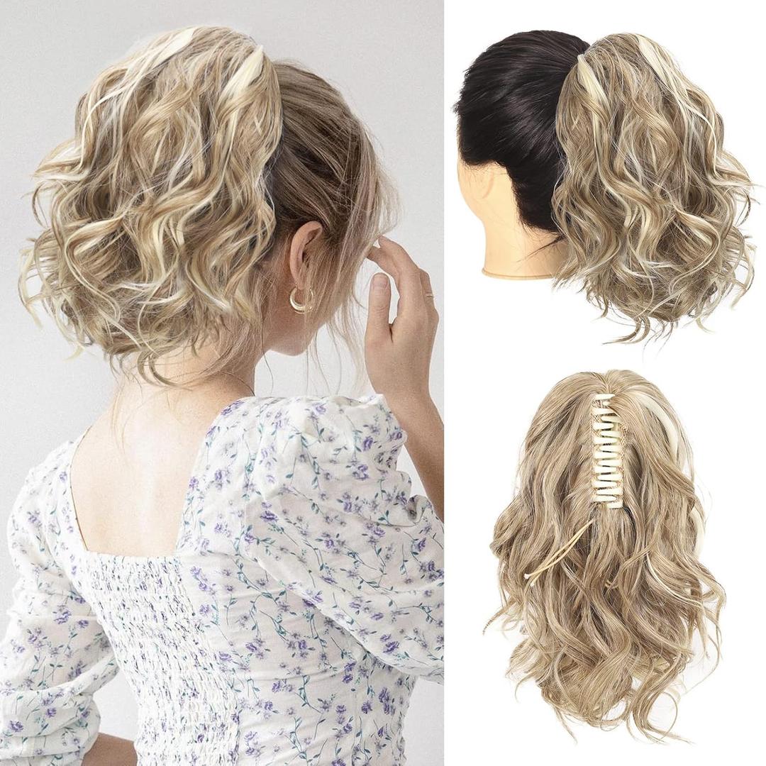 SEIKEA 12" Highlight Ponytail Extension, PT001 Ella Claw Short Thick Wavy Curly Jaw Clip in Fake Pony Tails Fake Hair Soft Natural Looking Synthetic Hairpiece Dark Blonde with White Blonde Highlights