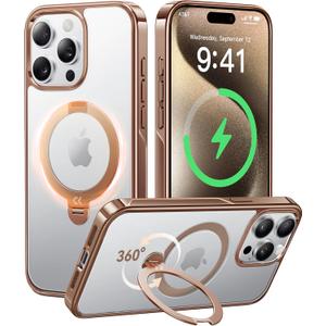 CASEKOO Desert Titanium 360 Polished for iPhone 15 Pro Case with Spin Magnetic Stand [Compatible with Magsafe][16FT Military Protection] Clear Back Titanium Alloy Sturdy Stand 6.1'', Rose Gold