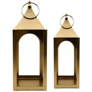Hosley Set of 2 Modern Metal Lanterns, Gold, for Farmhouse Decor Ideal for Modern Farmhouse Decor, Home Decor Living Room, Parties, Weddings, Aromatherapy, Gifts