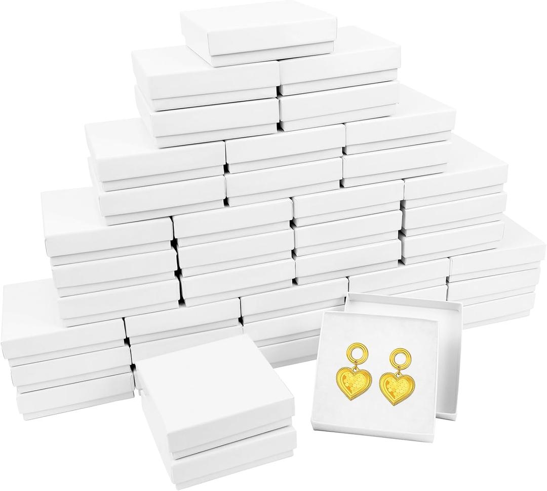 Small Gift Boxes, 40 Pack 3.5x3.5x1 Inch Bulk Cotton Filled Small Jewelry Boxes with Lids for Necklace Ring Bracelet Earring Display Box (White)