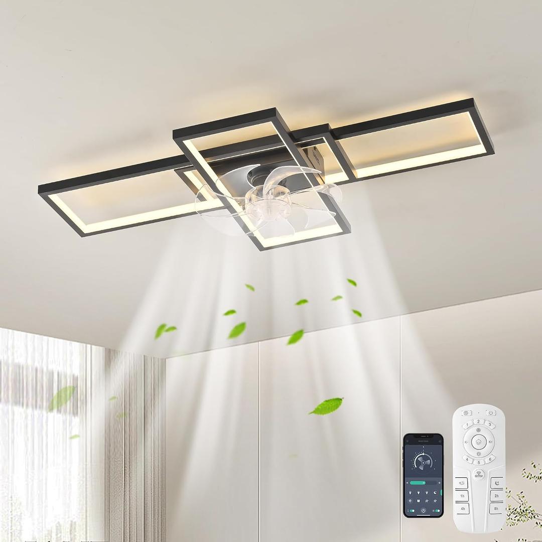 GEADI Modern Ceiling Fan with Light,Dimmable Flush Mount Ceiling Fans with Lights and Remote,35.4" Black Led Fandelier,Low Profile Ceiling Fan for Bedroom,Kitchen6-Speed,Timing,3000-6000k, 35.4in