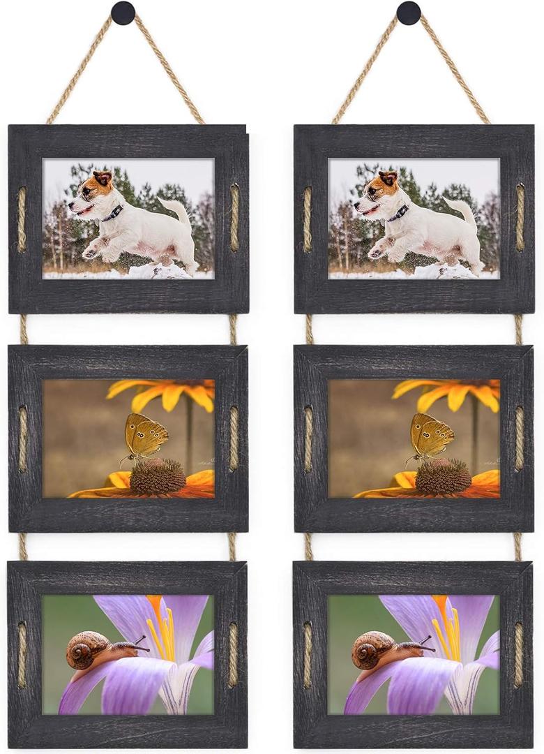 DLQuarts 5x7 Hanging Picture Frames Collage Wall Decor, 3-Opening Photo Frames Set, 3.5x5 with Mat or 5x7 Without Mat, Rustic Solid Wood Photo Frame Pack of 2, Weathered Black