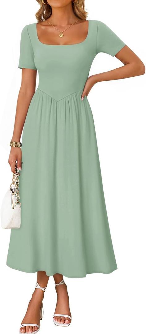 ZESICA Summer Dresses for Women 2026 Elegant Classy Square Neck Short Sleeve Flowy Cocktail Party Midi Dress Light Green L (Green, L)