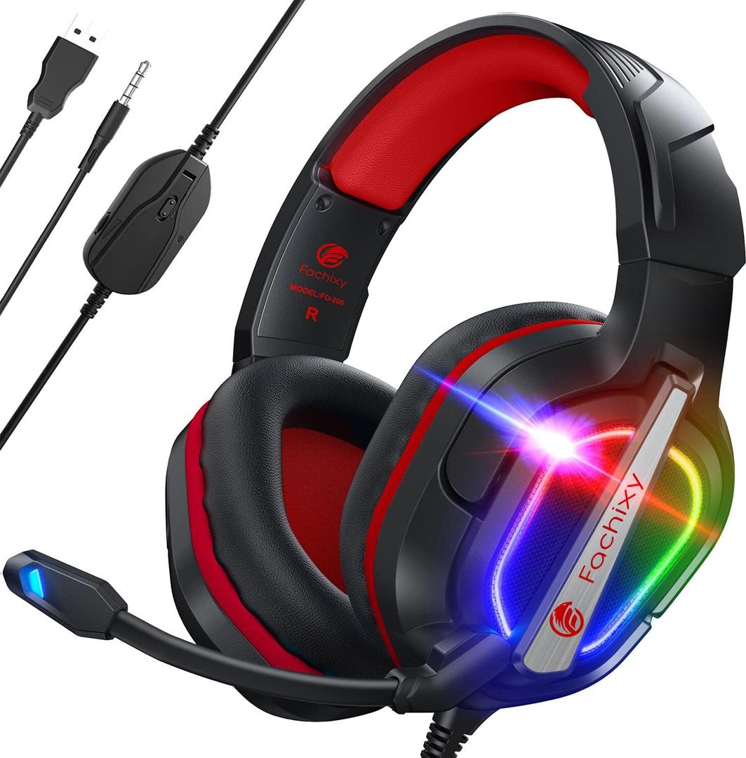 Fachixy FC200 PC Gaming Headset for PS4, PS5, Switch, Xbox One, Mac, Noise Canceling Headphones with Microphone, Computer Headset with 3.5mm Jack & RGB Light (RED)
