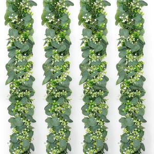 SOMYTING Eucalyptus Garland, Greenery Garland with Gypsophila Flowers Artificial Faux Silver Dollar Eucalyptus Leaves Vines for Table Home Wedding Mantle Party Indoor Outdoor Decor (4PCS)