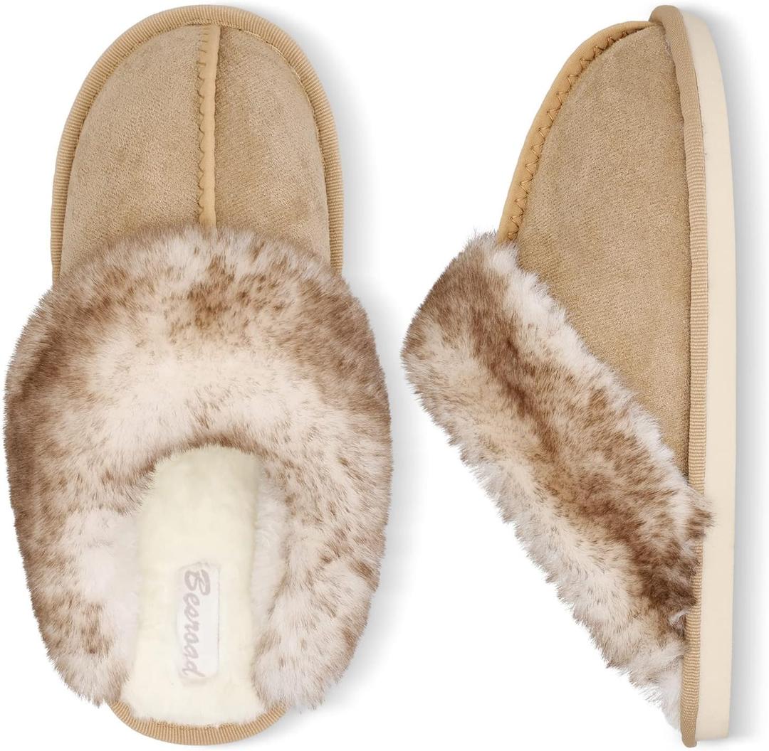 Besroad Indoor Outdoor Furry Faux Fur Winter Warm House Slippers Soft Flat Slide Slippers for Women Brown 6-7