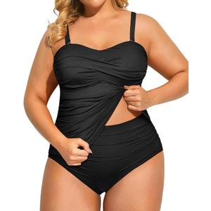 Aqua Eve Women Two Piece Plus Size Tankini Strapless Bathing Suits Bandeau Swimsuits with High Waisted Bottom (Black, XXL)