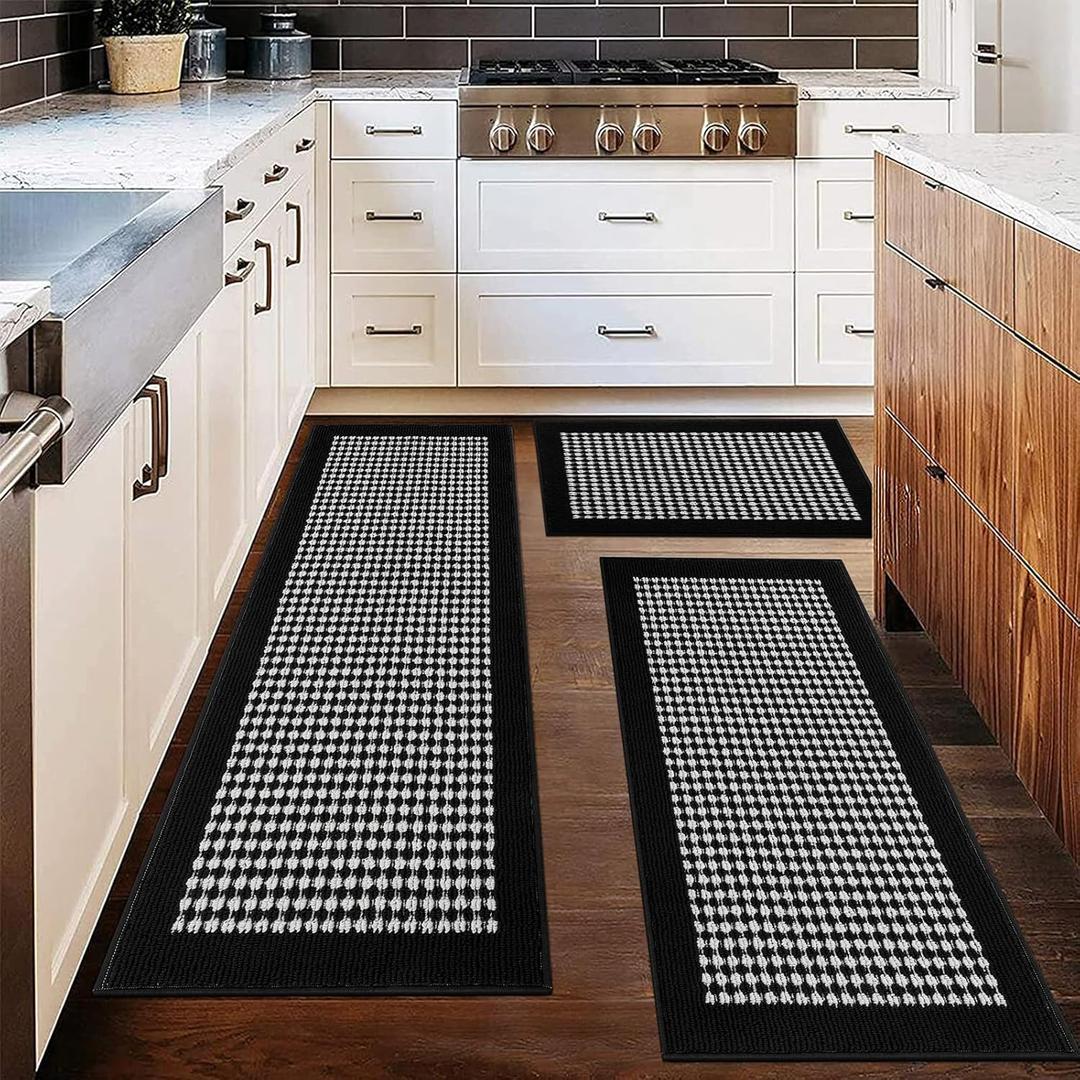 Ileading Kitchen Mat Sets 3 Piece Minimalist 3D Lattice Kitchen Floor Rugs with Non Slip Rubber Backing Machine Washable Farmhouse Runner Rugs for Halloween Laundry Hallway Doormat(Black&White) (20"x32"+20"x48"+20"x59")