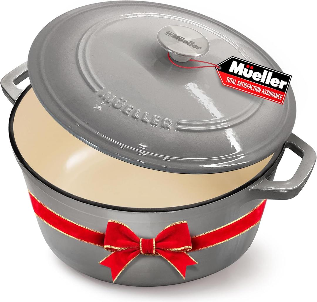 Mueller 6 Quart Enameled Cast Iron Dutch Oven, Heavy-Duty Casserole and Braiser Pan with Lid and Knob, Safe for All Cooktops (Gray)