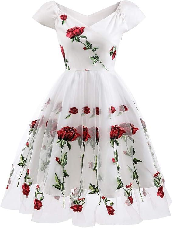 Women Vintage Off Shoulder Rose Embroidered Floral Evening Dress V Neck Short 3/4 Sleeves Wedding Cocktail A Line Midi Gown, S