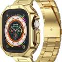 Compatible with Apple Watch Ultra 3/2/1 Band and Case, Stainless Steel Metal Chain with TPU Cover, Smart-Watch Link Bracelet Strap for men, Wrist-Band for i-Watch Ultra, 49mm, Gold