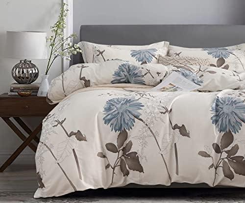 SLEEPBELLA Duvet Cover Full Size, 600 Thread Count Cotton Botanical Flowers Pattern Printed Reversible Comforter Cover