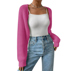 Women Open Front Cable Knit Crop Cardigan Casual Loose Fit Long Sleeve Drop Shoulder Knitted Crop Bolero Shrugs S Pink