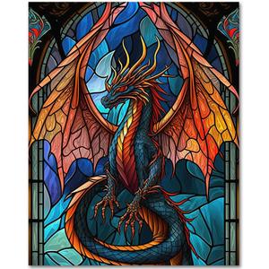 Paint by Numbers for Adults Colorful Dragon Paint by Numbers 16X20 Inch Flameless Stained Glass Window Style Painting by Number with Paint Brushes and Acrylic Pigment Oil Painting Adults Kits Gift
